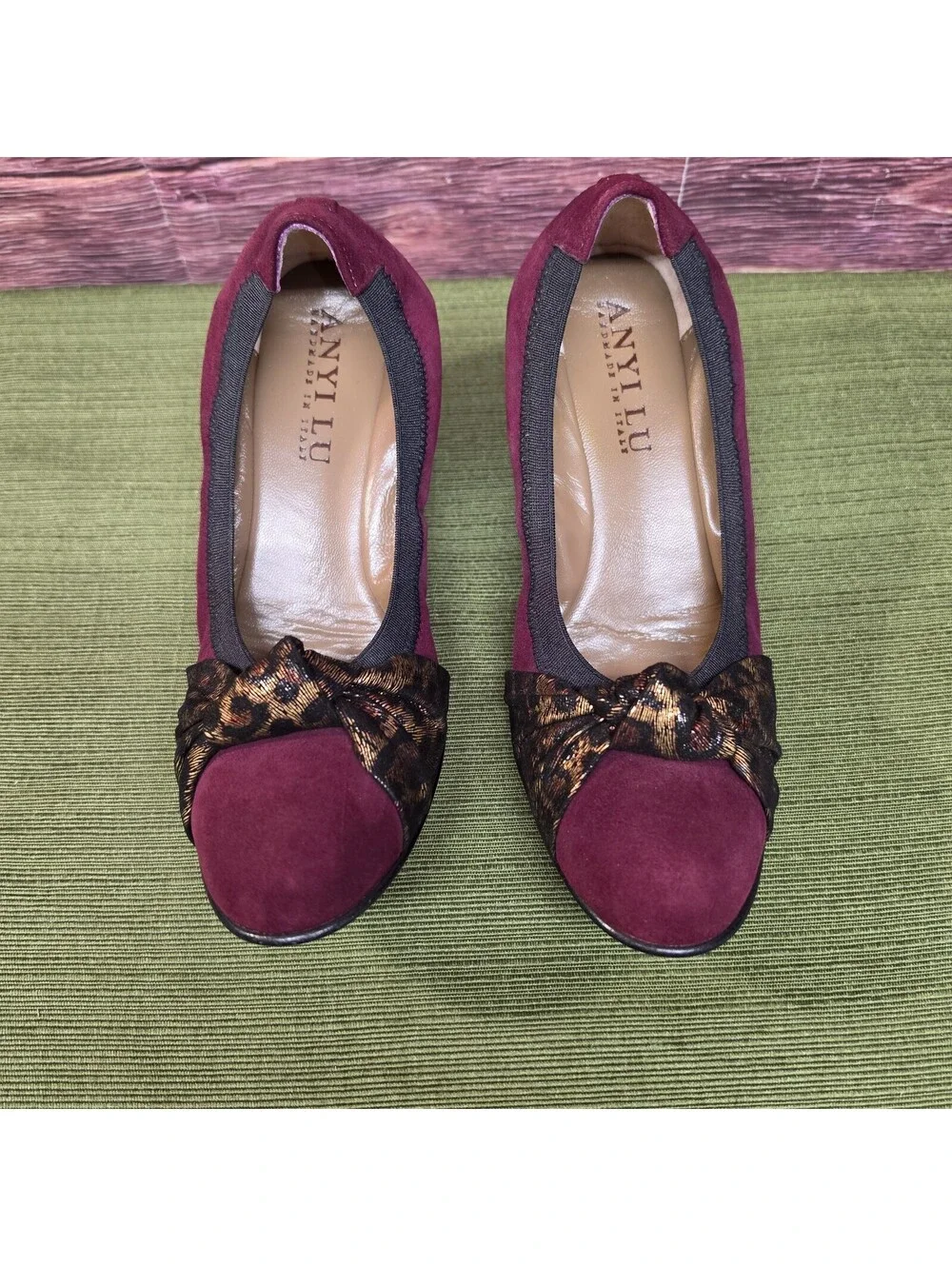 Anyi Lu Rosie Women's Bordeaux Suede Graphite Shimmer Knot Wedge EU 36